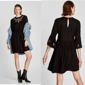 Zara Basic Embroidered Quarter Sleeve BOHO Dress Medium New